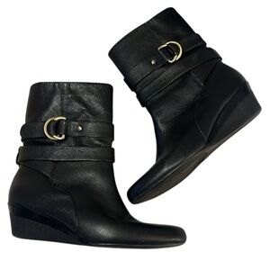 Joan & David Circa Black Pebbled Leather Strappy Wedge Calf High Boots Sz 7.5